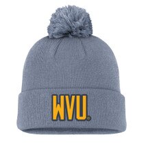 Front of an ashen slate Nike WVU pom pom cuffed winter beanie with a gold WVU patch on the cuff